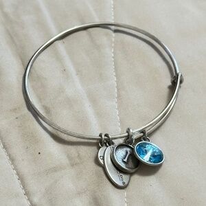 Silver bangle charm bracelet, Rodan & Fields, 4 charms, March birthstone